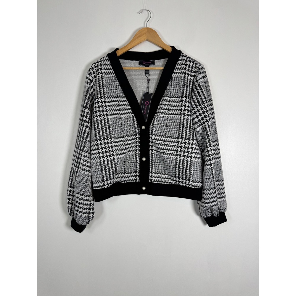 Preppy C. Wonder Christian Siriano Womens Med Cardigan Black White Houndstooth